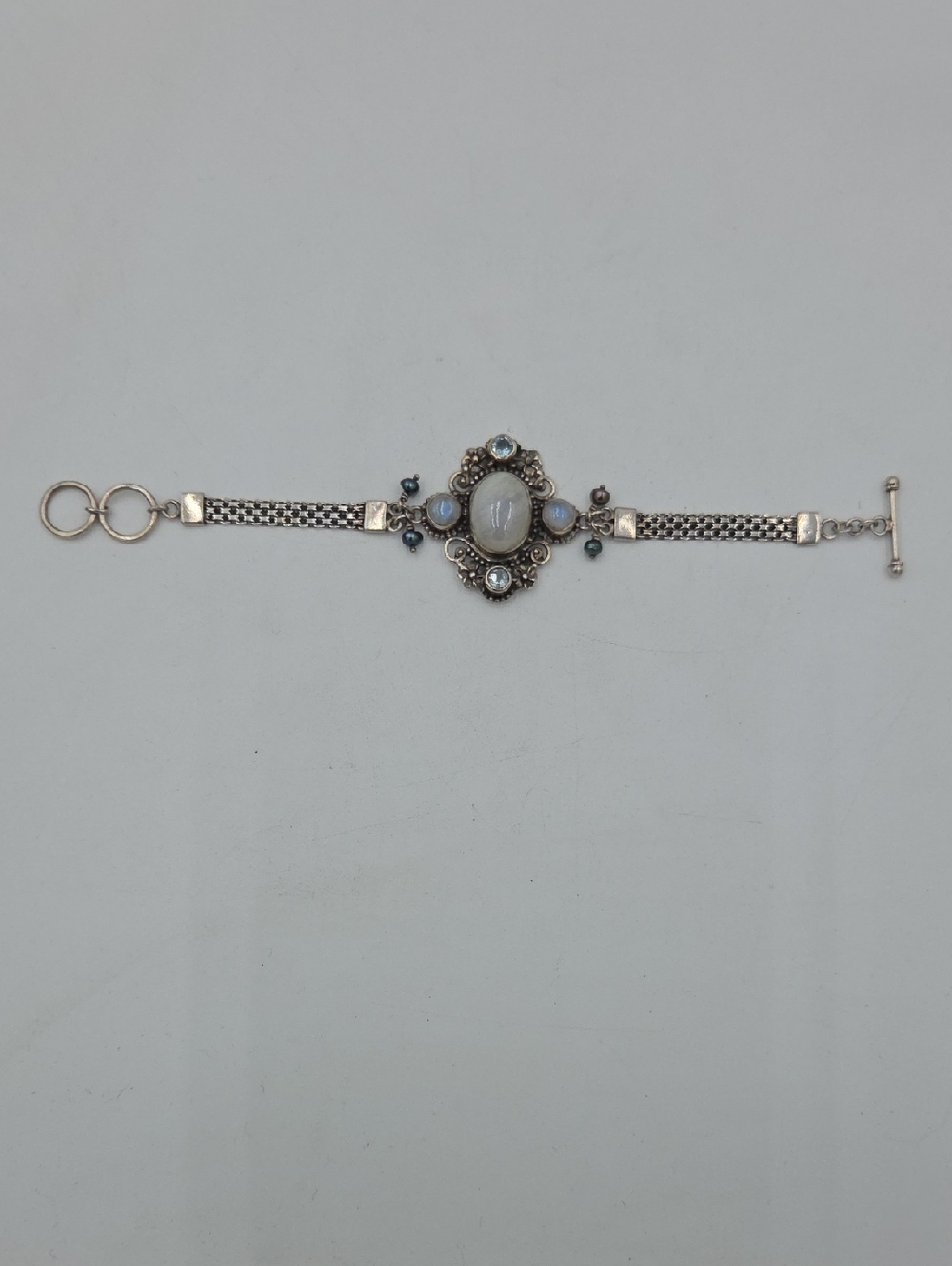 Cultured Pearl Rainbow Moonstone  Bracelet Blue Topaz Sterling Silver